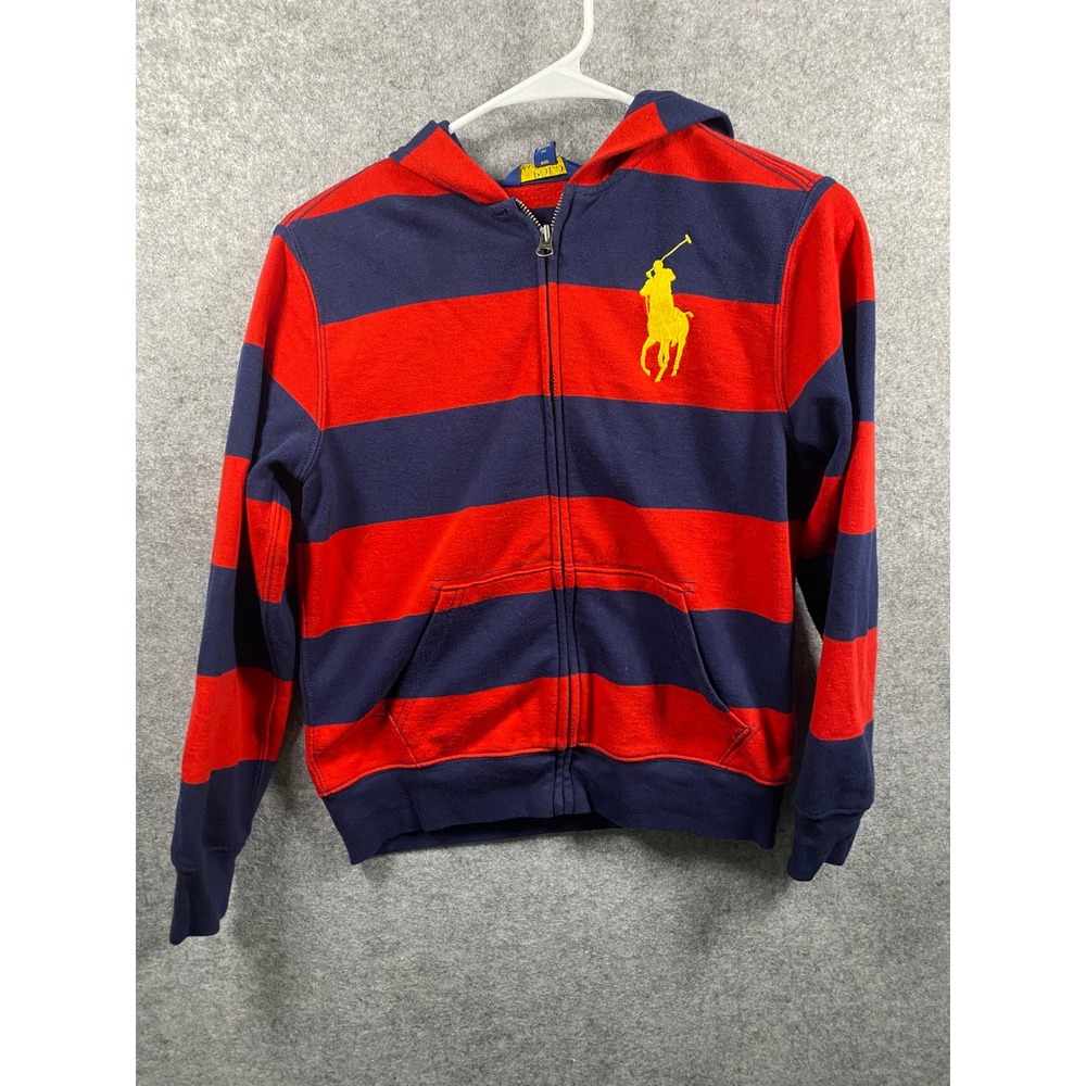 Polo Ralph Lauren Boys Red Navy Blue Striped Big Pony Zip Up Hoodie Size M 10-12